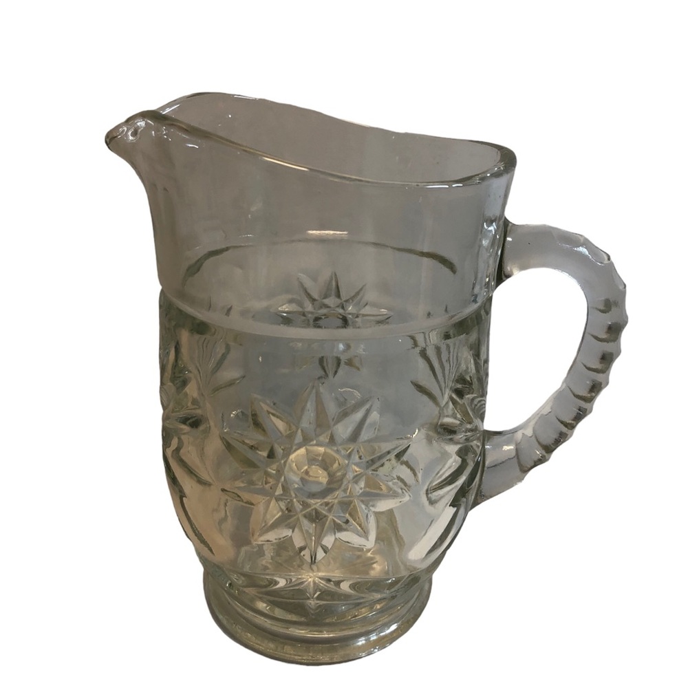 Vintage Clear Cut Glass Sunburst Star Water Juice Pitcher 6” tall